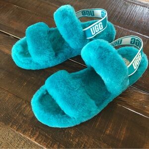 UGG Oh Yeah Shearling Slides Aqua Hybrid Sandal Slippers Women's size 9 like new
